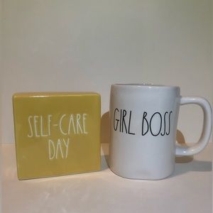 Rae Dunn GIRL BOSS Ceramic Mug & Double Sided SELF CARE DAY Decor Paperweight